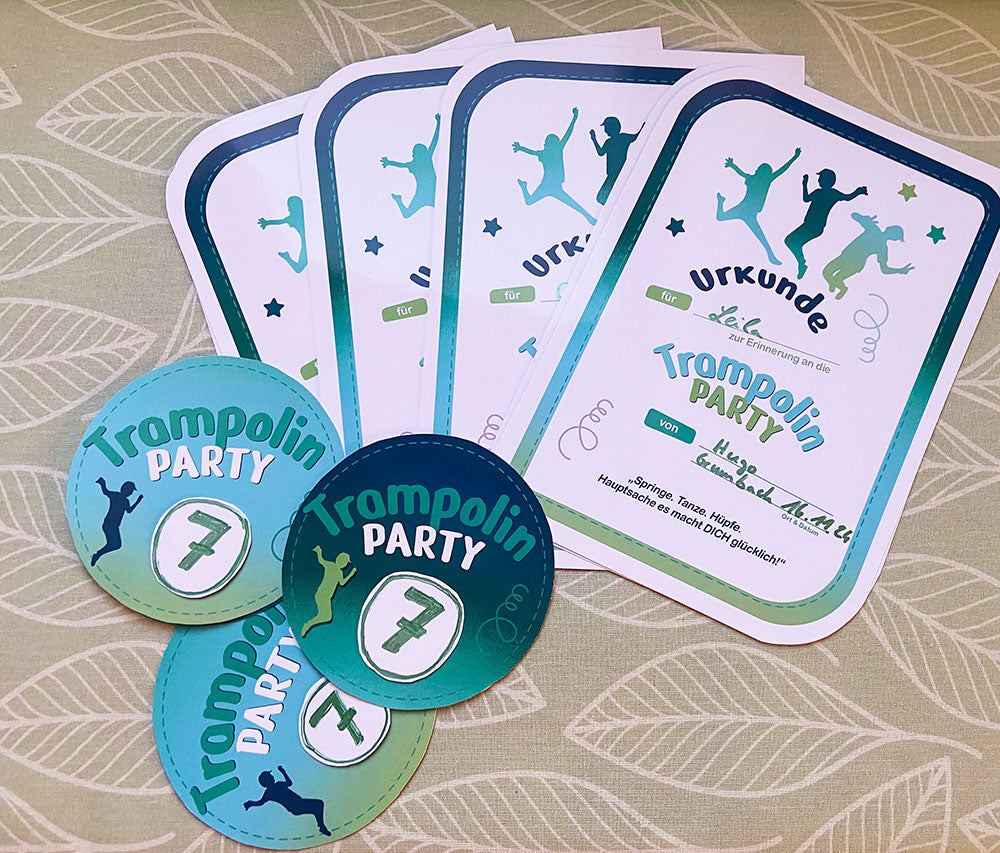 Einladungskarte, Urkunde und Caketopper - Trampolinparty (Bastelidee und Druckvorlage)