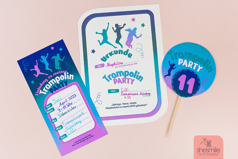 Einladungskarte, Urkunde und Caketopper - Trampolinparty (Bastelidee und Druckvorlage)