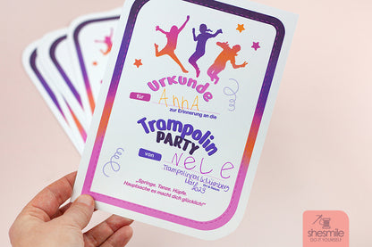 Einladungskarte, Urkunde und Caketopper - Trampolinparty (Bastelidee und Druckvorlage)