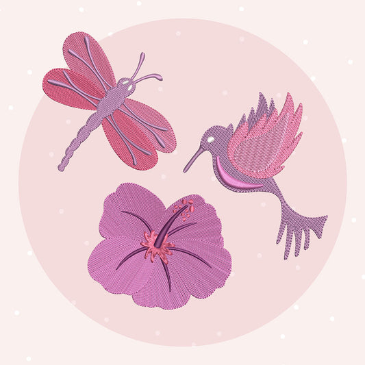 Libelle, Hibiskus und Kolibri (Stickdatei)