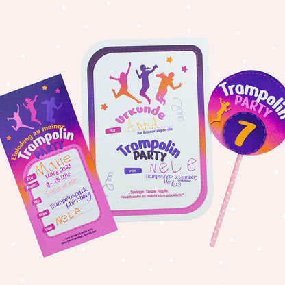 Einladungskarte, Urkunde und Caketopper - Trampolinparty (Bastelidee und Druckvorlage)