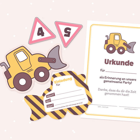 Einladungskarte, Urkunde und Caketopper - Radlader Rudi (Bastelidee und Druckvorlage)
