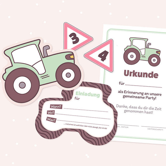 Einladungskarte, Urkunde und Caketopper - Traktor Tom (Bastelidee und Druckvorlage)