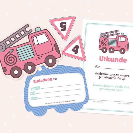 Einladungskarte, Urkunde und Caketopper - Feuerwehr Fred (Bastelidee und Druckvorlage)